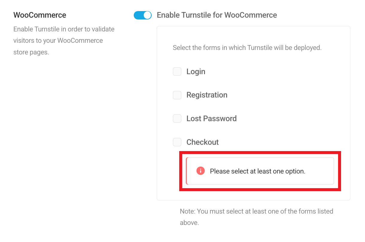 Select at least one form location for WooCommerce Turnstile
