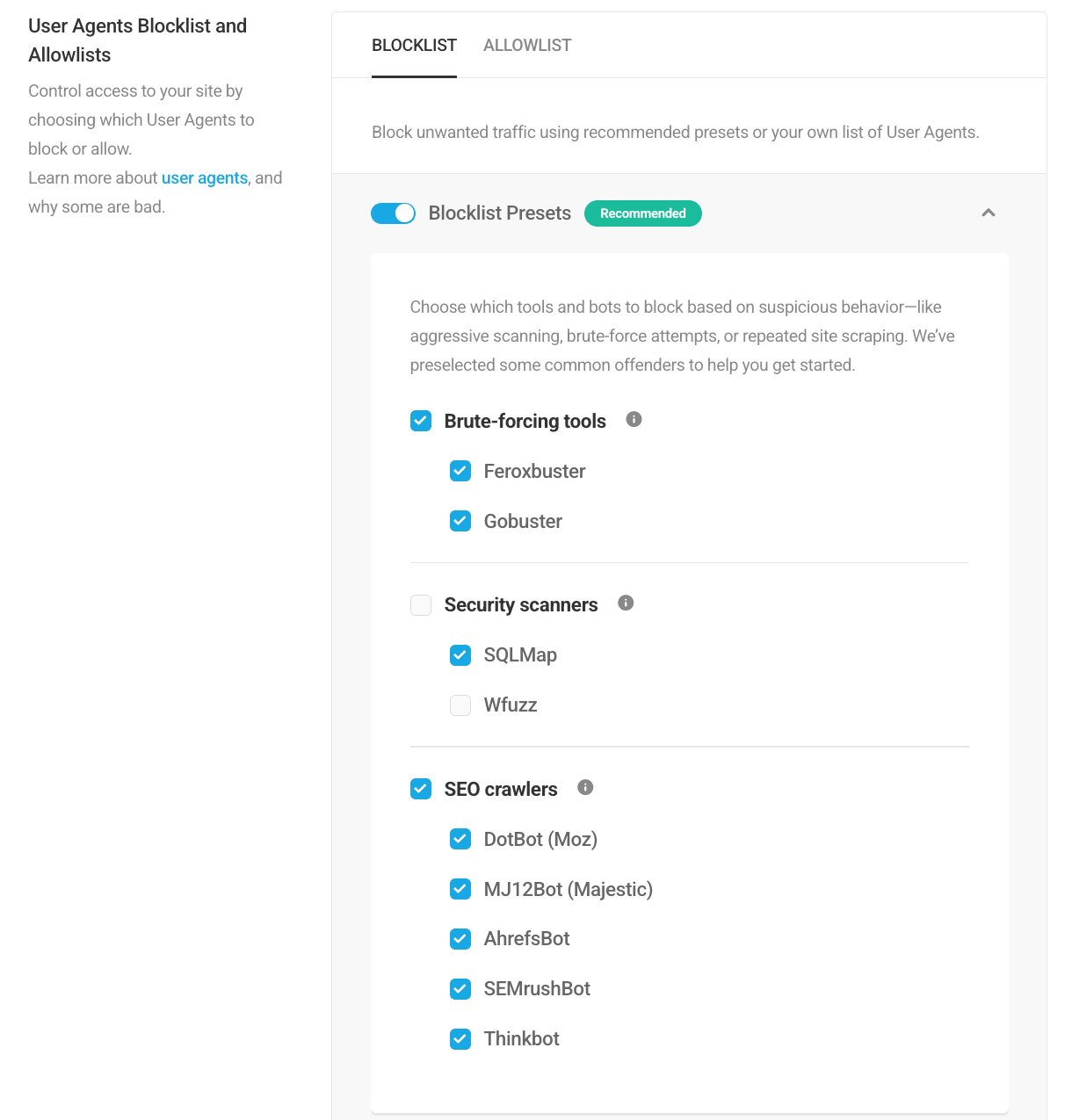 Blocklist Presets showing grouped user agent categories