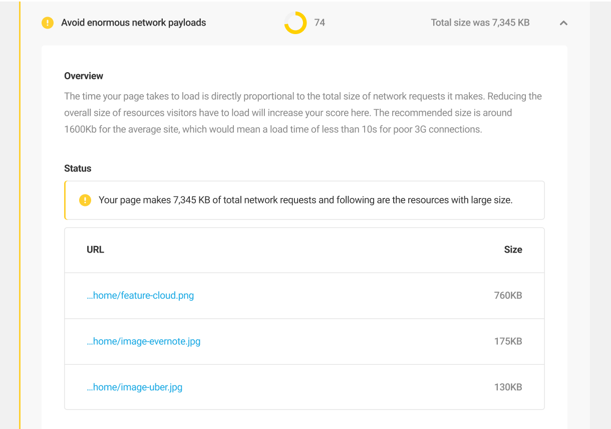 Avoid enormous network payloads audit