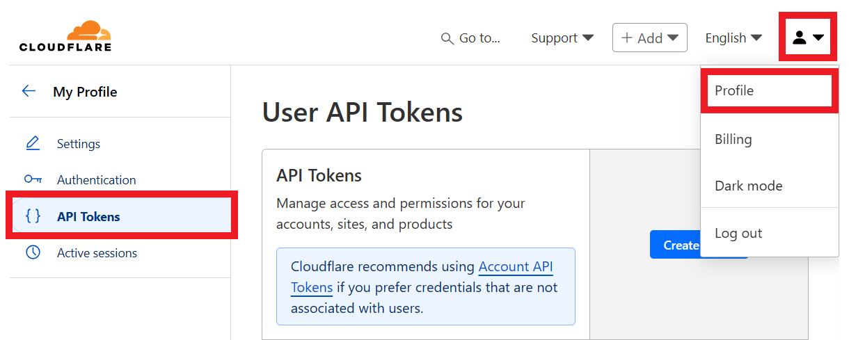 Select Cloudflare API Tokens tab
