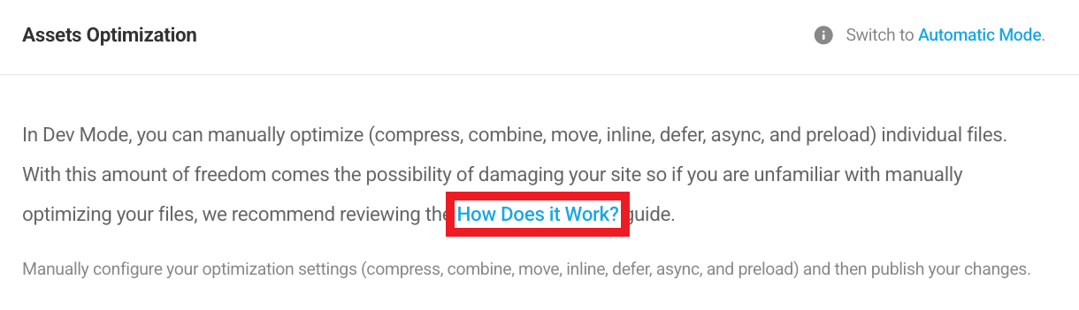 Dev optimization mode documentation link