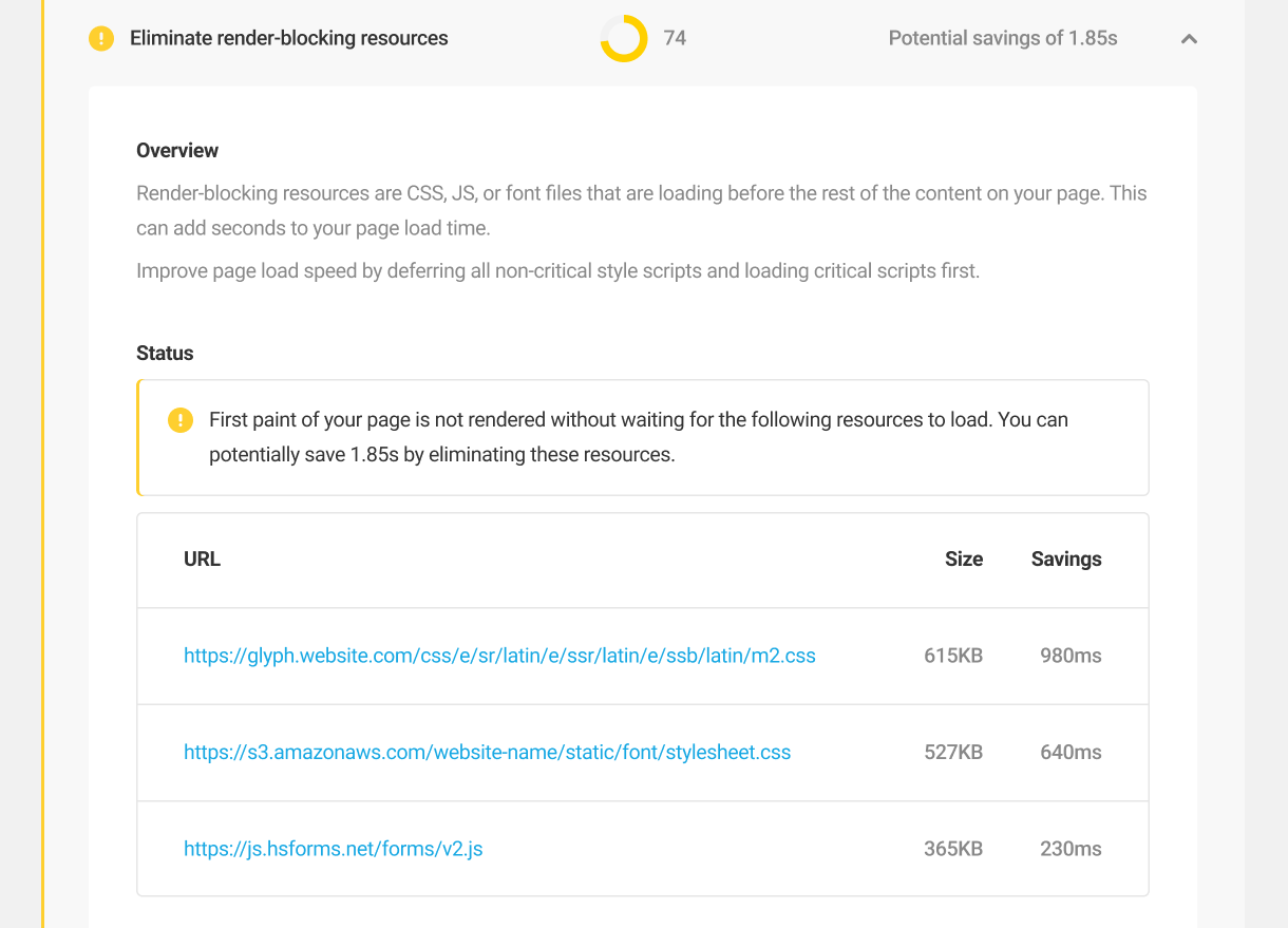 Eliminate render blocking resources audit