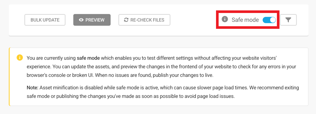 Enabling asset optimization safe mode