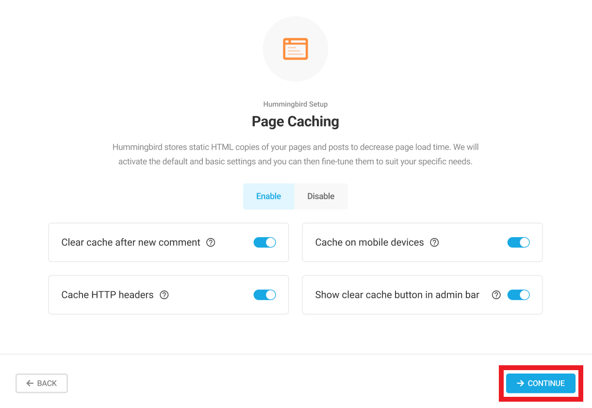 Hummingbird wizard - enabling and disabling page caching options