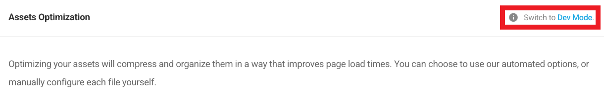 Switching to asset optimization Dev Mode]