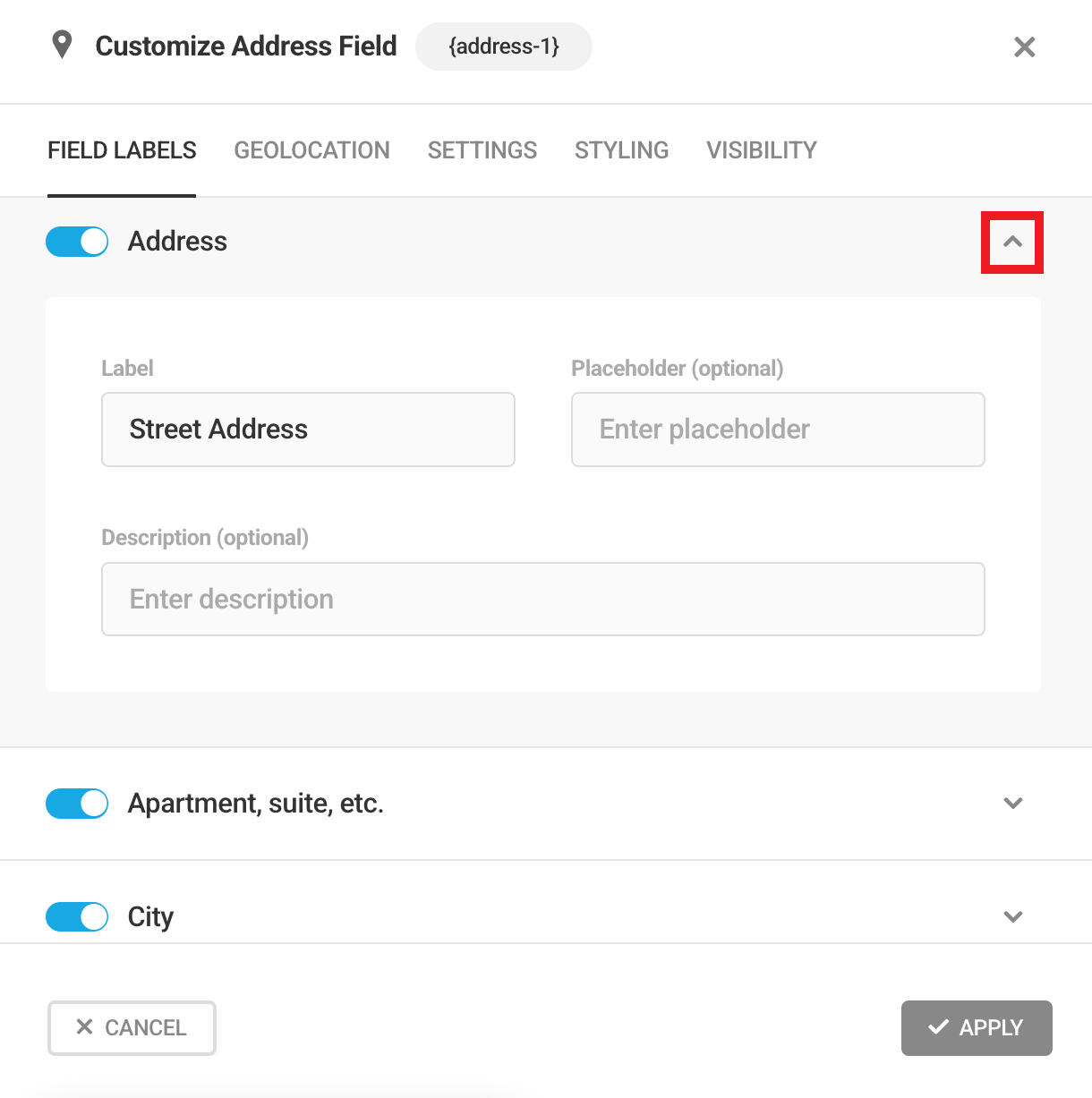 Address field label settings