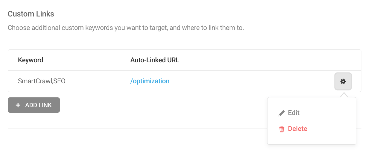 Edit custom keywords to auto-link in SmartCrawl