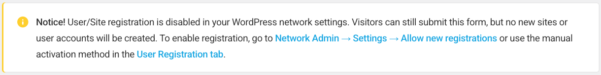 User/Site registration is disabled in WordPress network settings notice