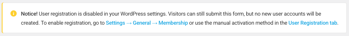 User registration is disabled in WordPress settings notice