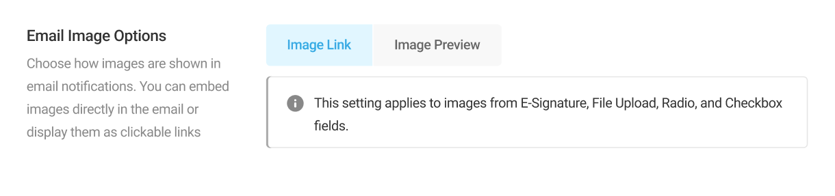 Email Image Options setting with Image Link and Image Preview options for email notifications