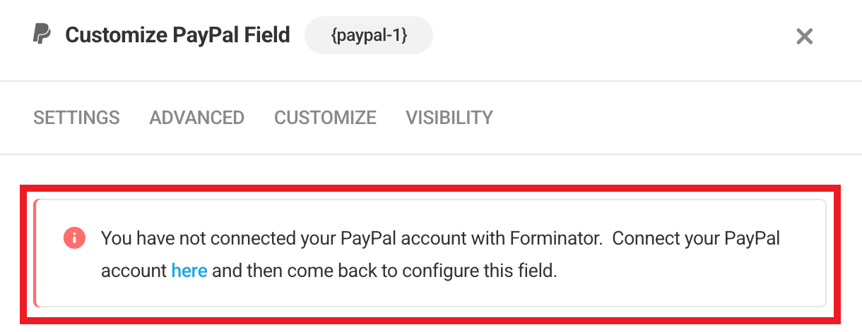 Alert if no account connected in Forminator PayPal field