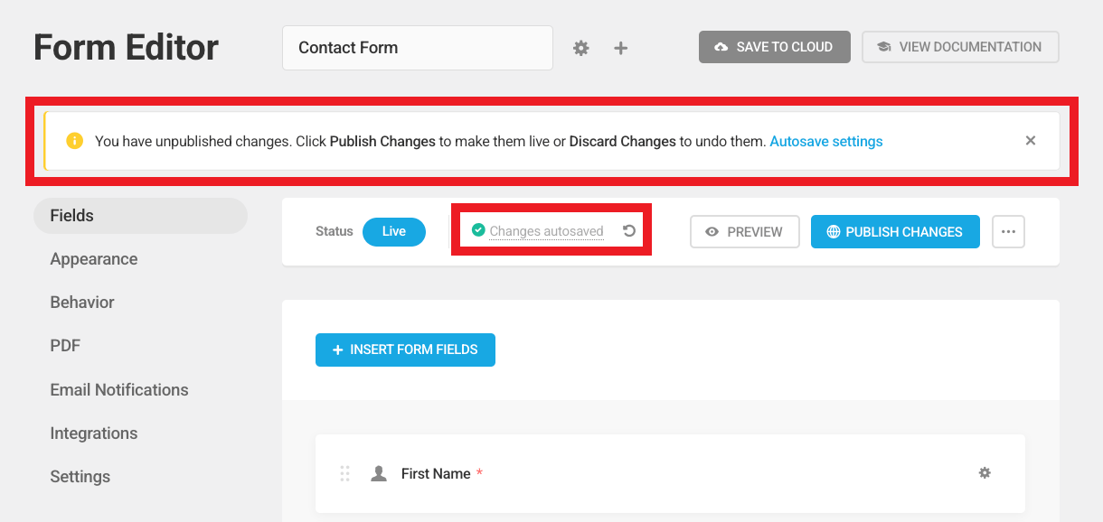 Auto-saving the changes for a published form