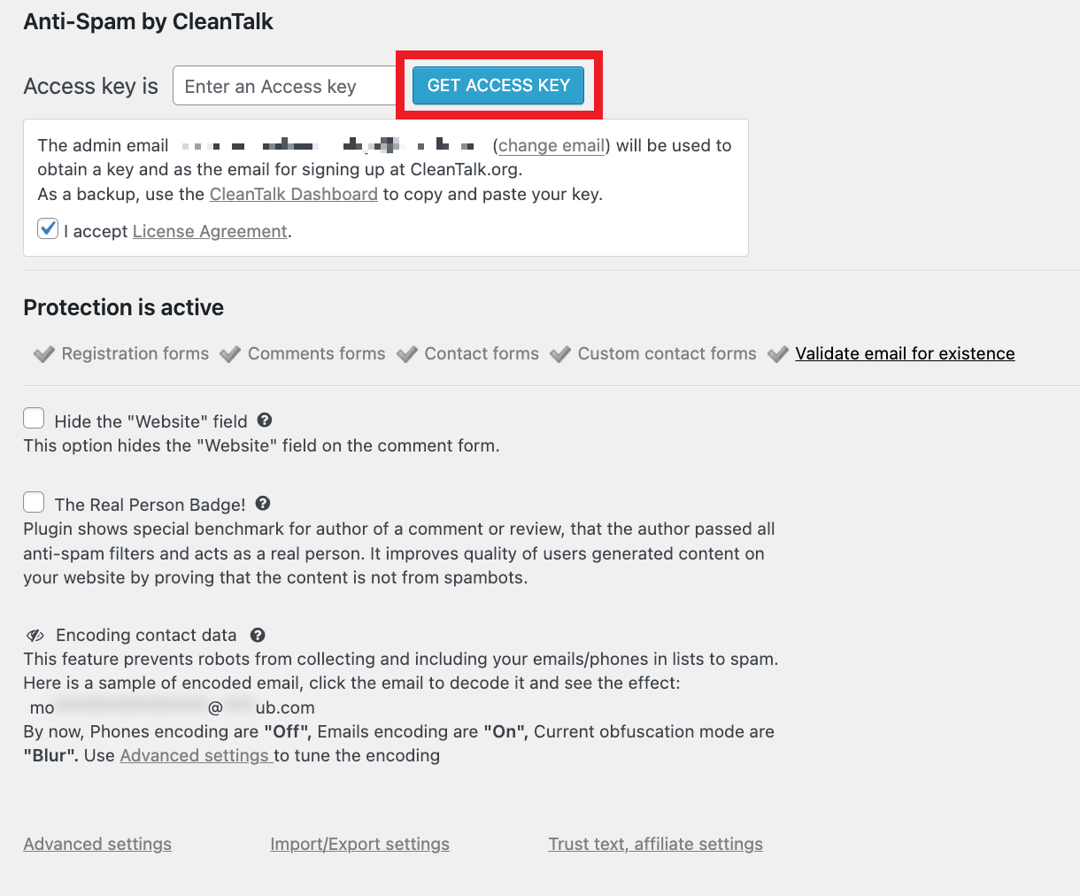 Get CleanTalk access key