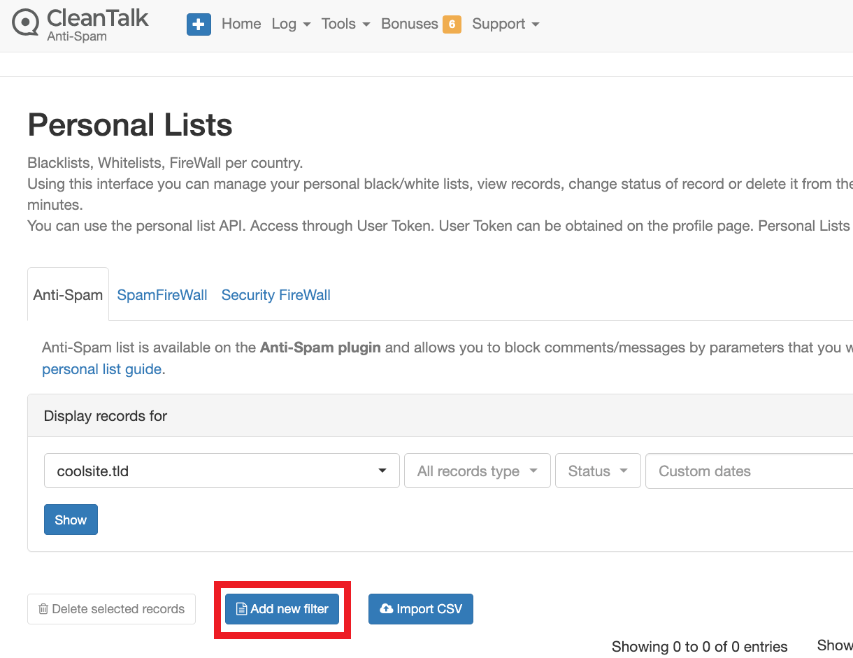 Add filters to lists at CleanTalk