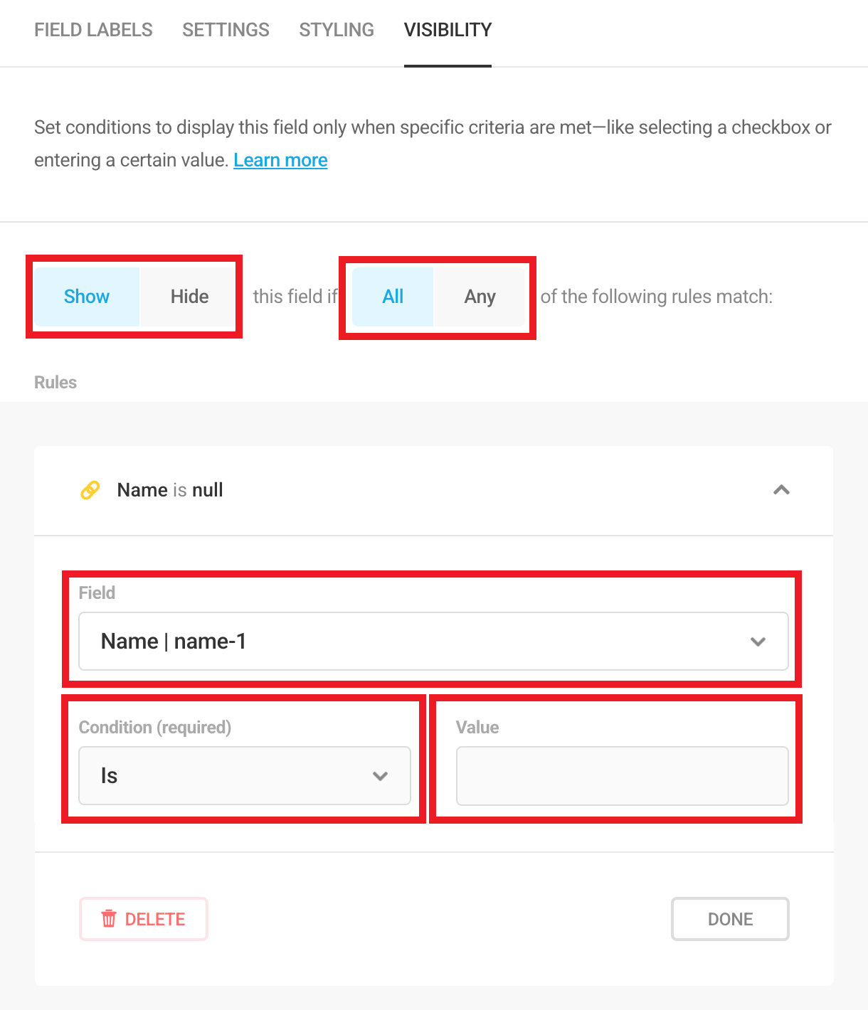 Conditional logic settings in Forminator form field