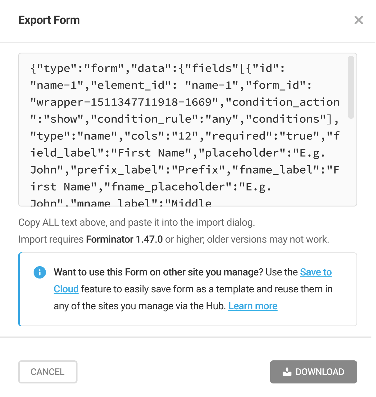 Copy form code for export in Forminator