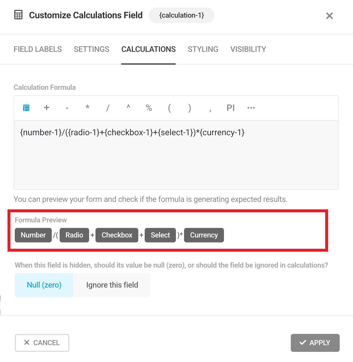Formula preview in Forminator Calculations field