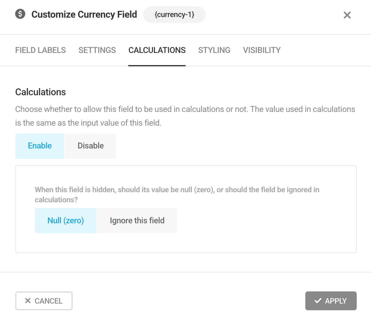 Enable option in a Forminator Currency field to use in calculations
