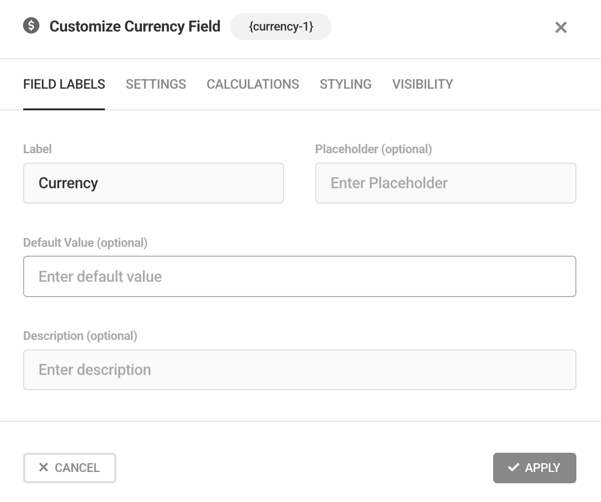 Edit Currency field labels in Forminator