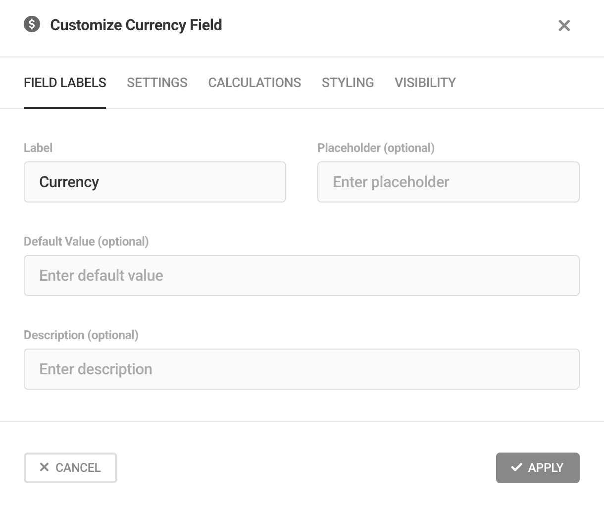 Edit Currency field labels in Forminator