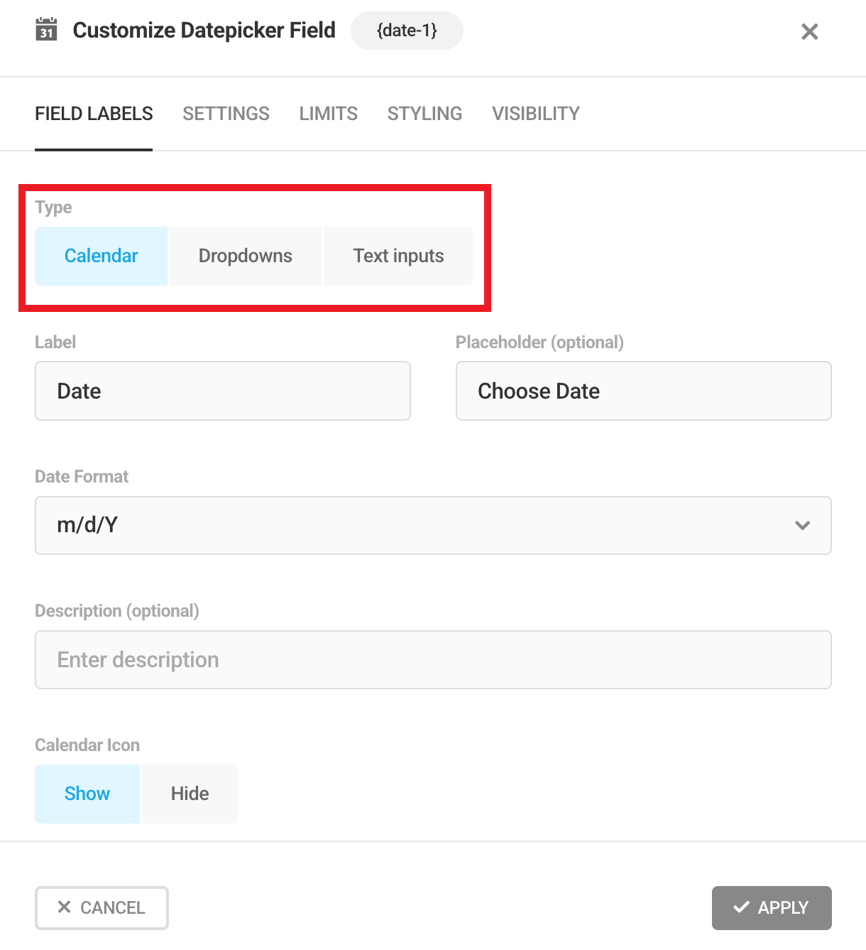 Select calendar format in a Forminator Datepicker field