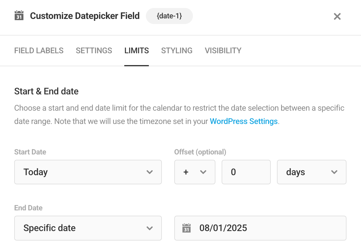Set start and end dates in Forminator Datepicker field