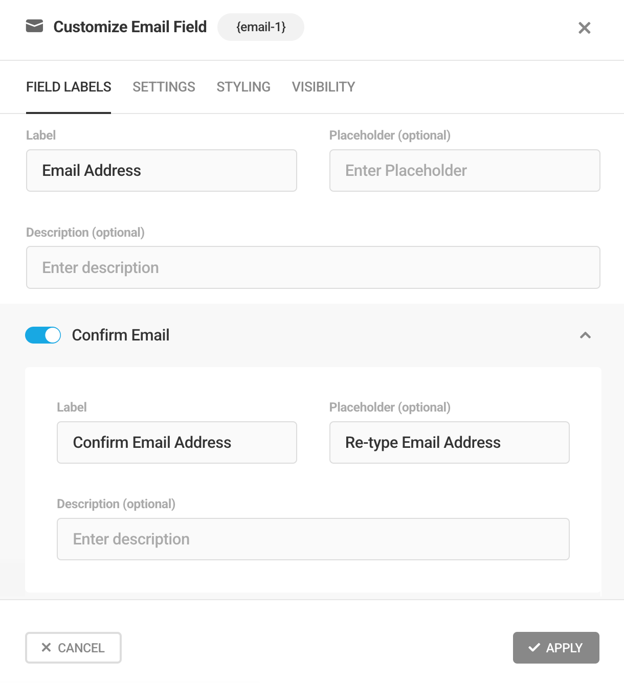 Editing email field labels and enabling email confirmation field
