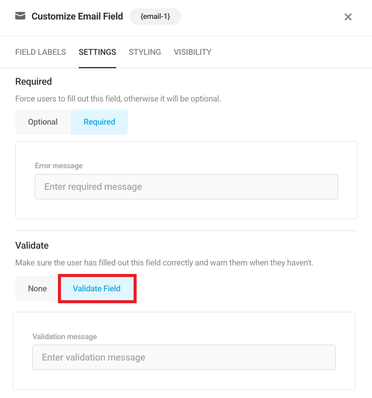 Edit Email field settings in Forminator