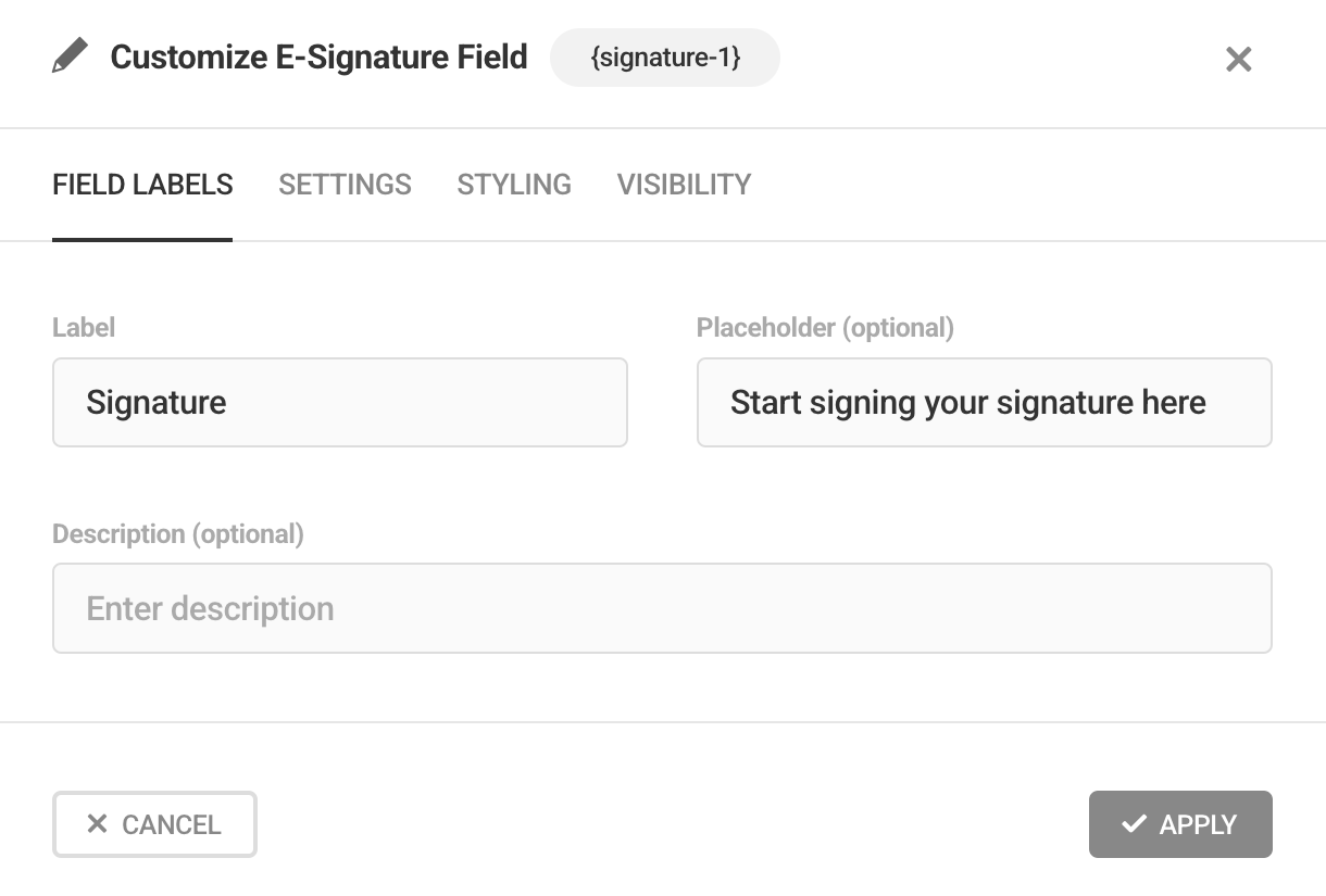 Edit labels in Forminator E-Signature field