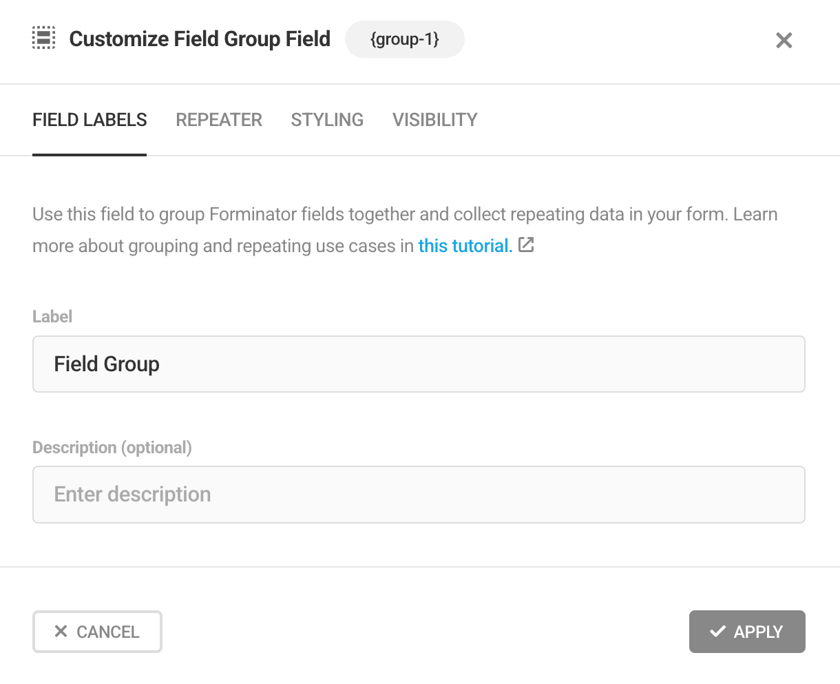Edit labels in Forminator Field Group
