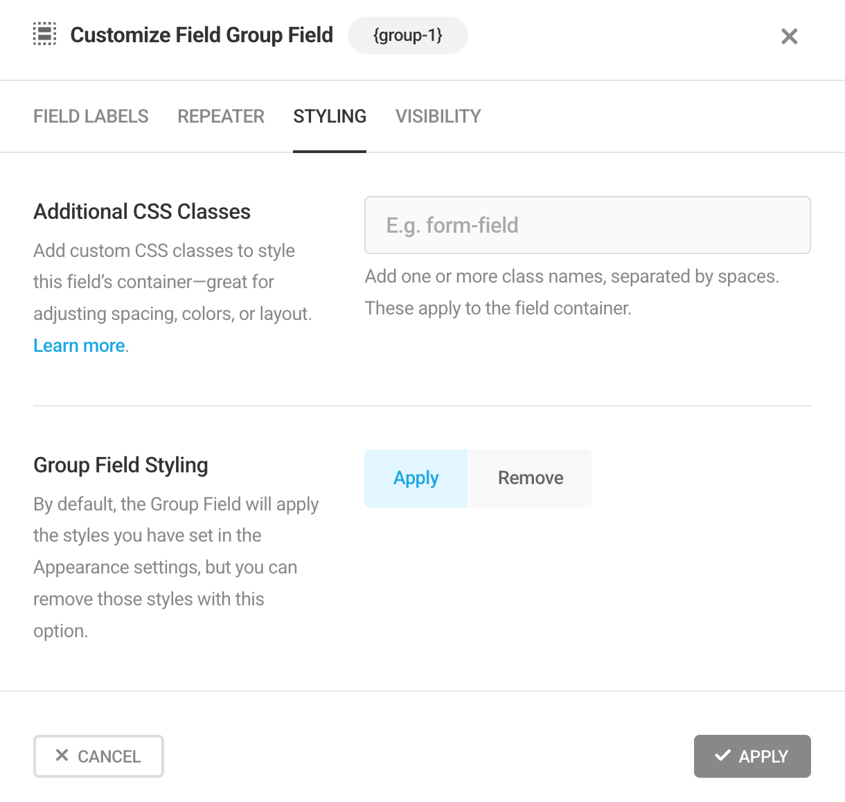 Configure style options in Forminator Field Group