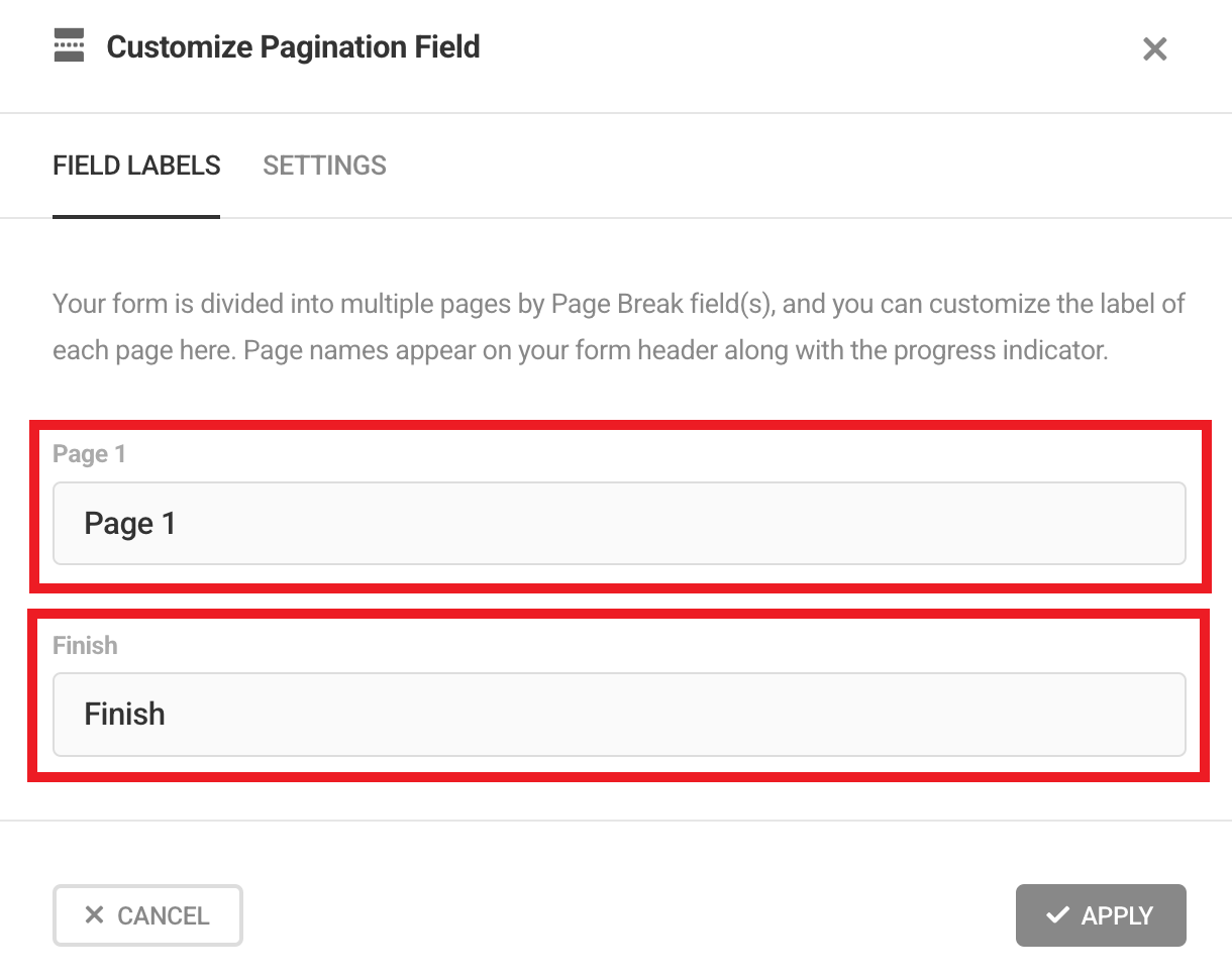 Pagination labels when page breaks used in a Forminator form