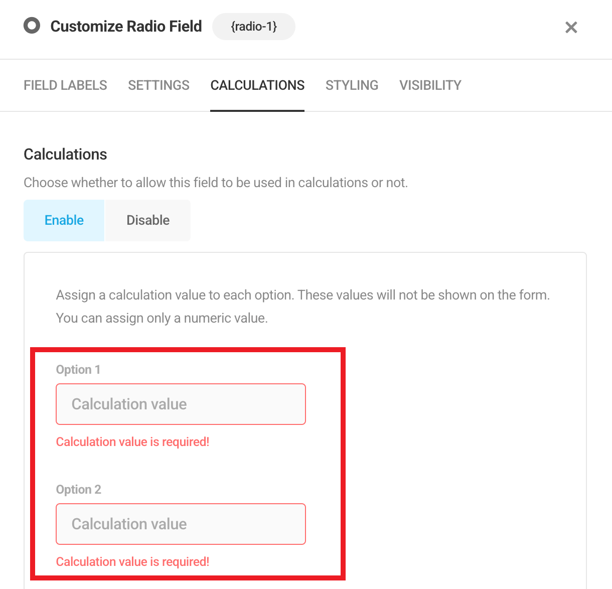 Enable option in a Forminator Radio field to use in calculations