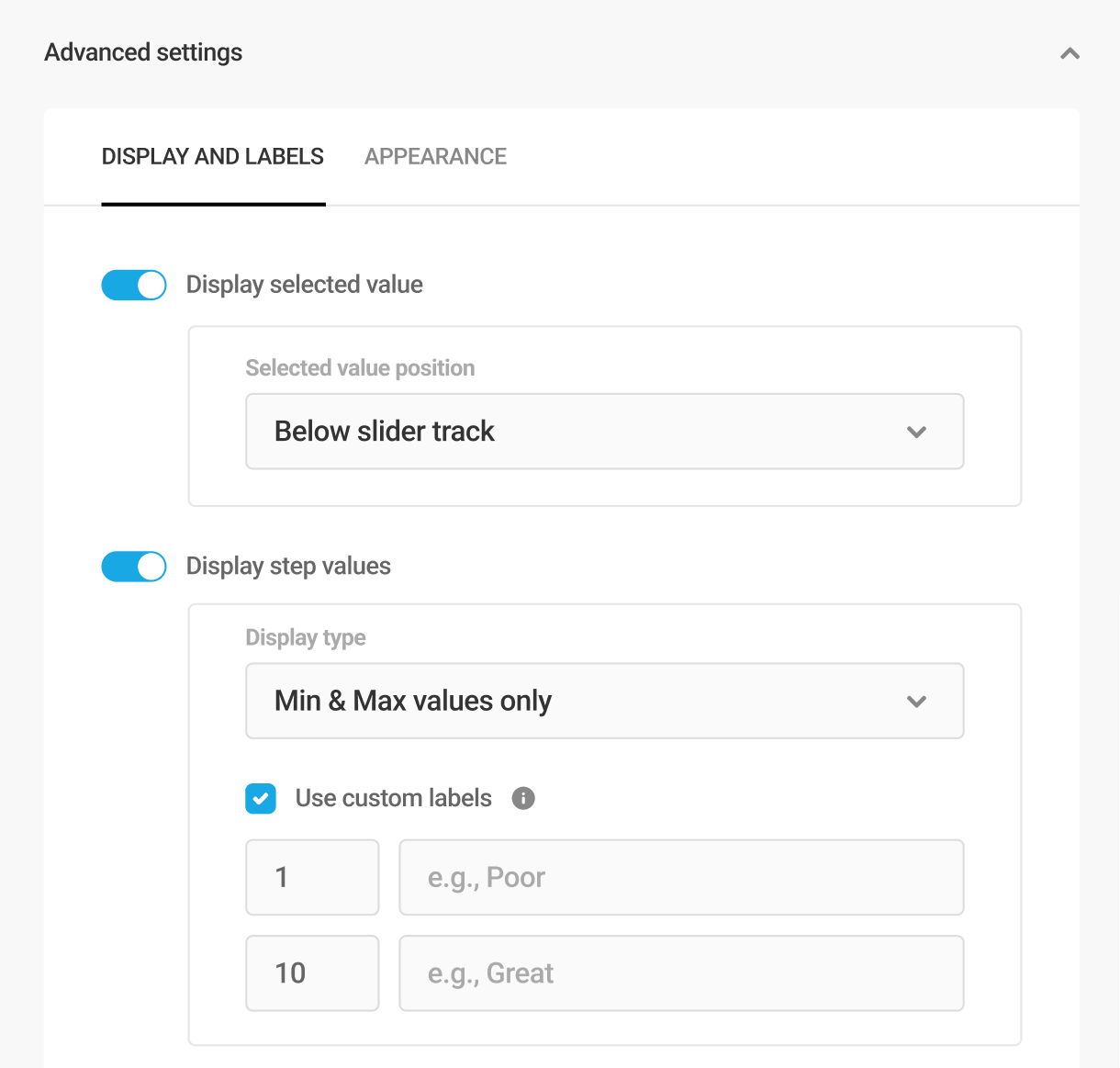 Slider field Display and labels settings