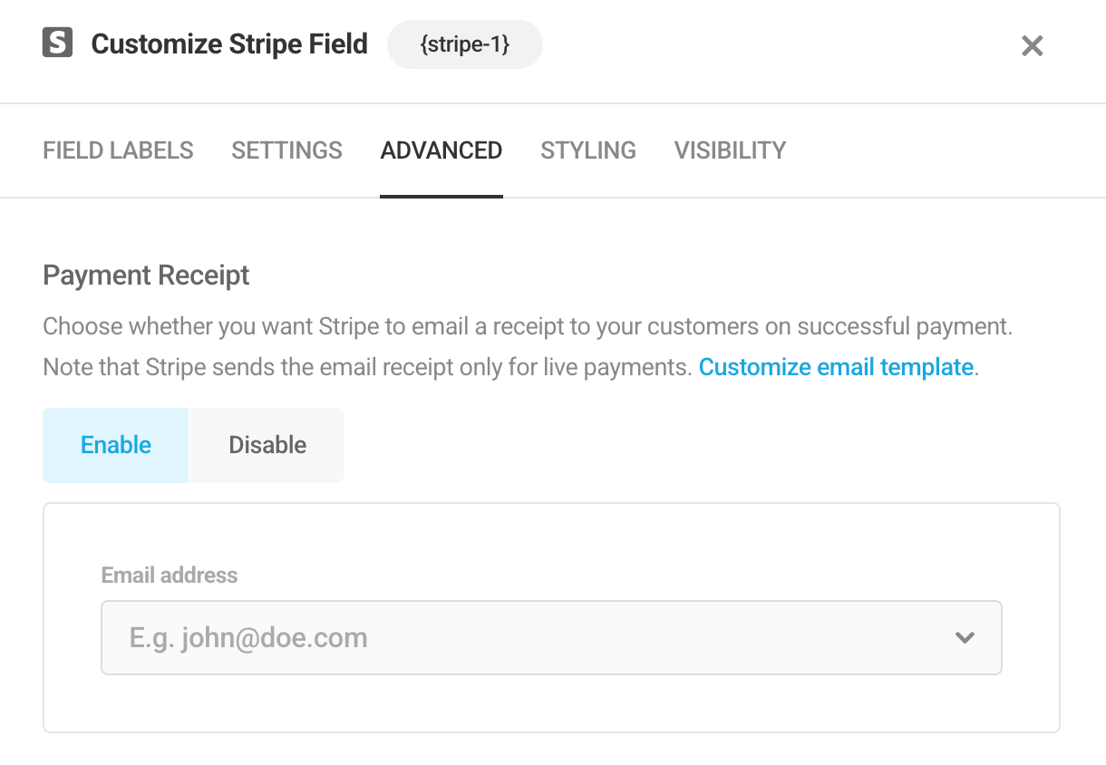 Enable payment receipt in Forminator Stripe field