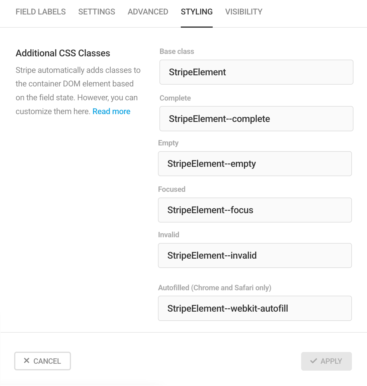Edit Stripe CSS classes in Forminator Stripe field