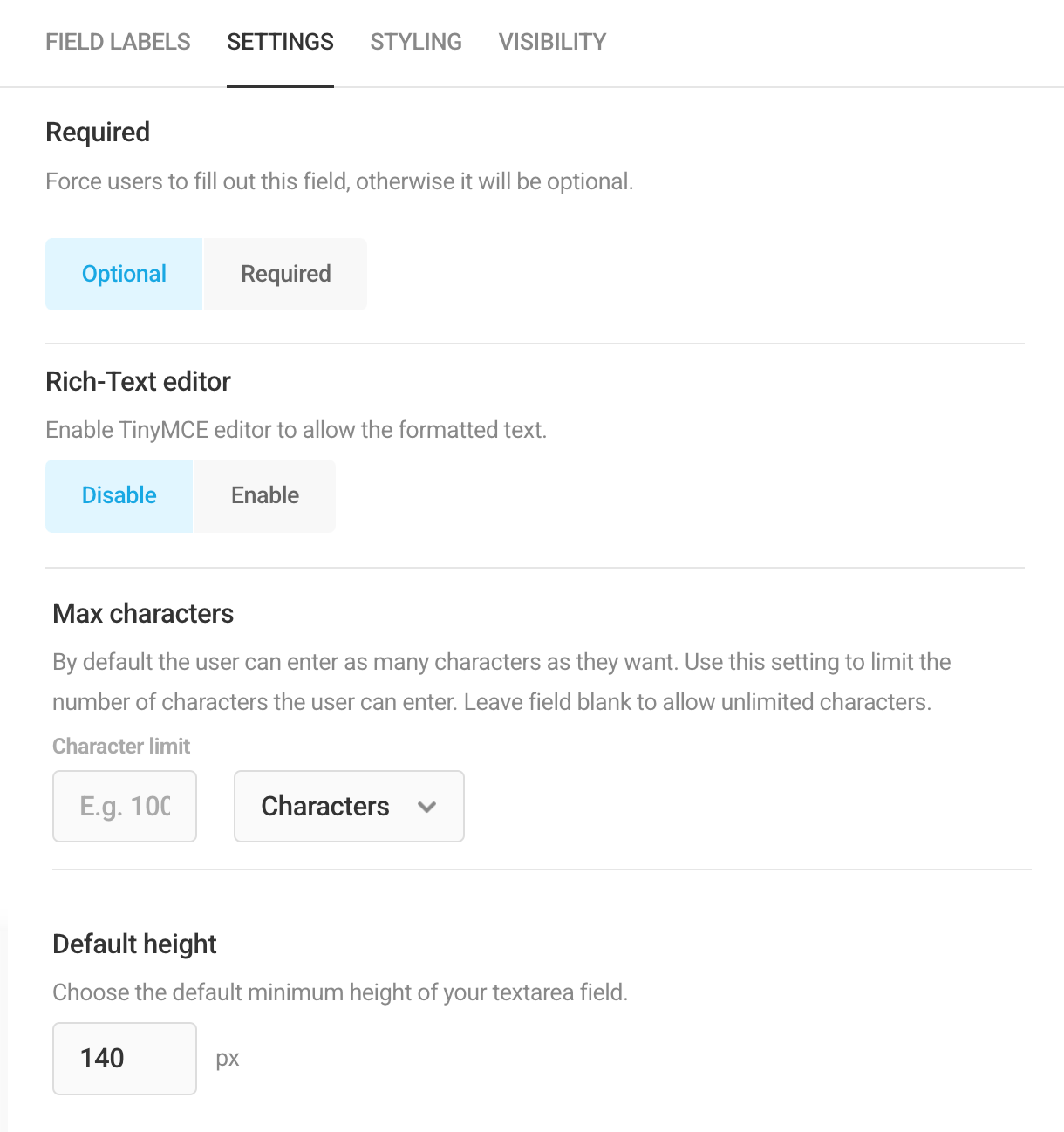 Edit Textarea field settings in Forminator
