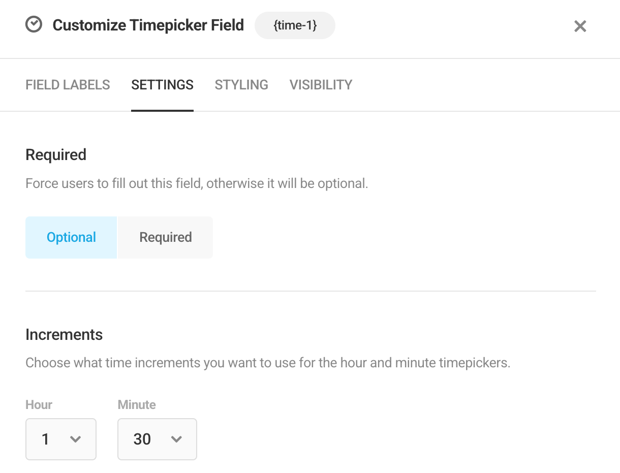 Set time increments in a Forminator Timepicker field
