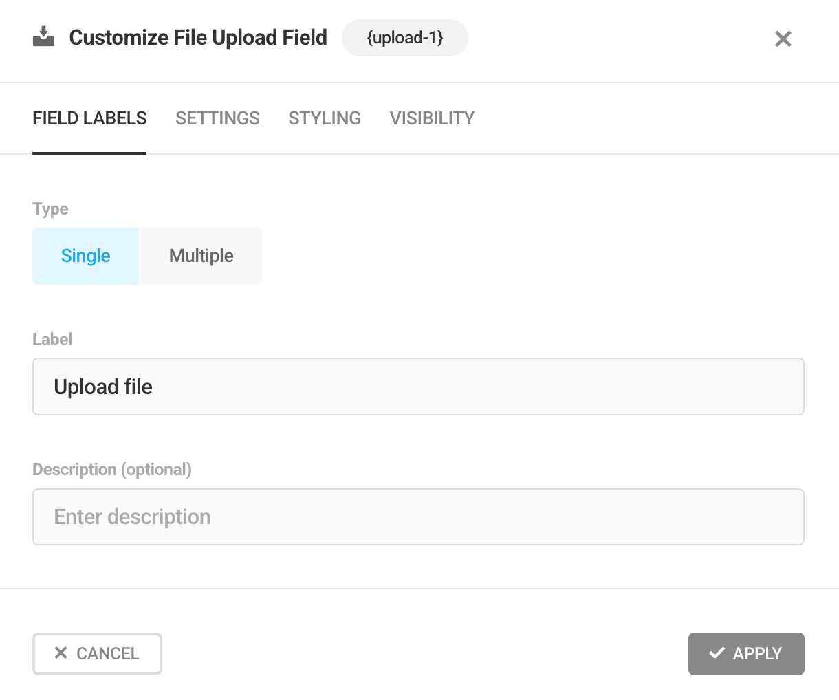 Adjust upload type and labels in a Forminator File Upload field