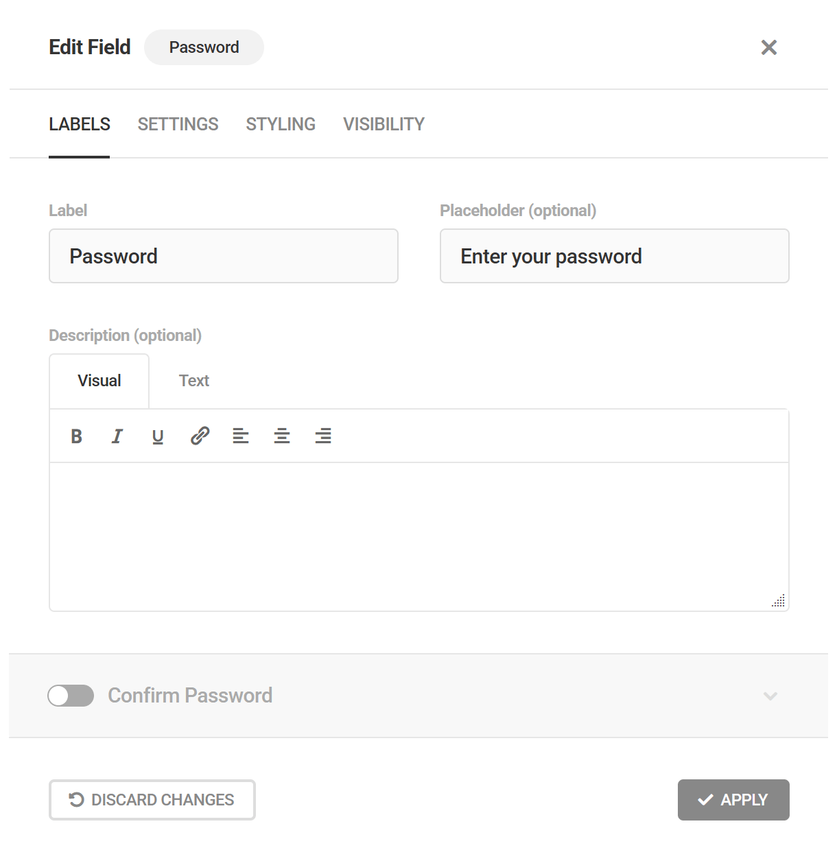 Adjust labels for password field in Forminator form