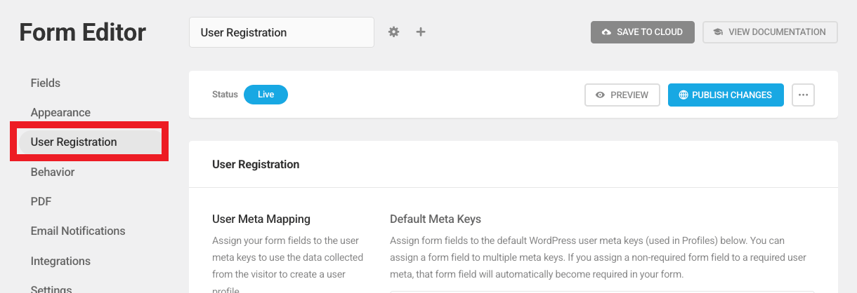 User registration options in a Forminator registration form