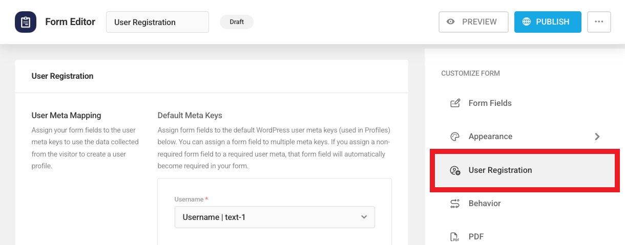 User registration options in a Forminator registration form