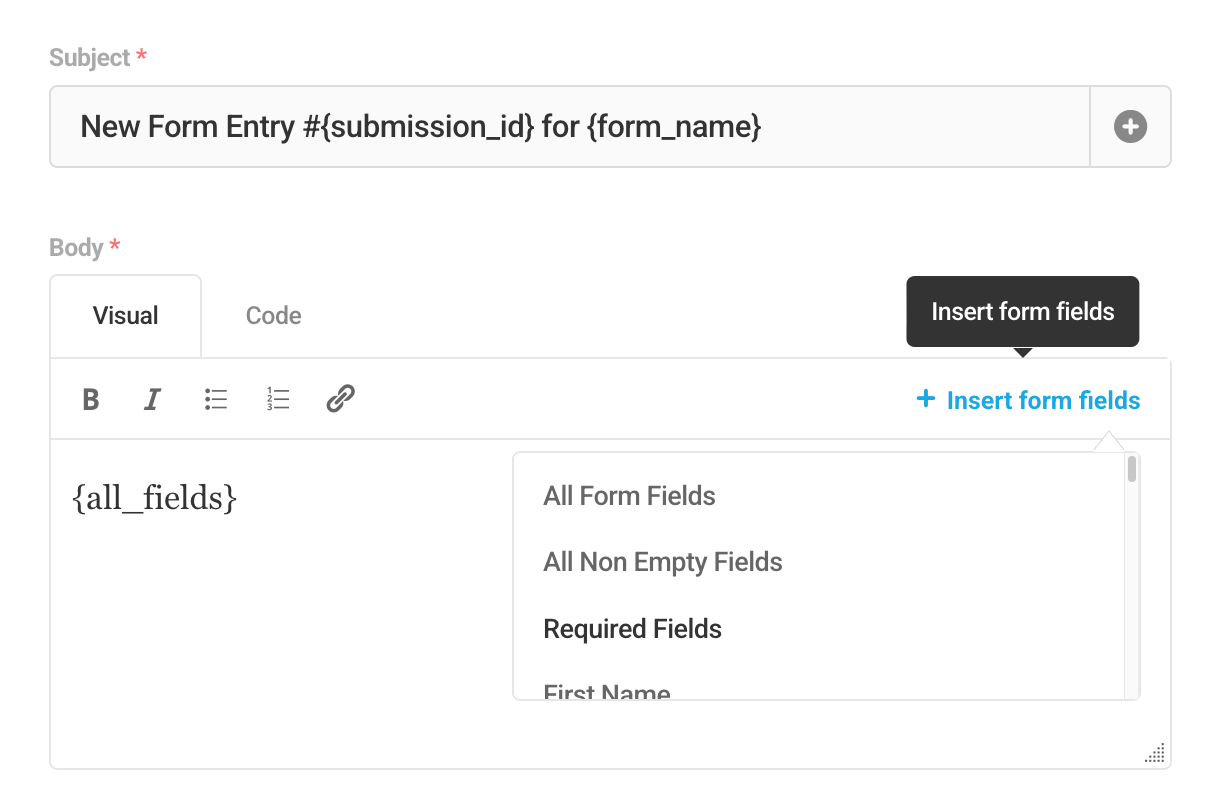 Insert merge tag in form