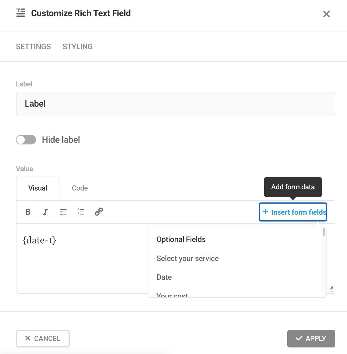 Add a rich text field to a Forminator form PDF