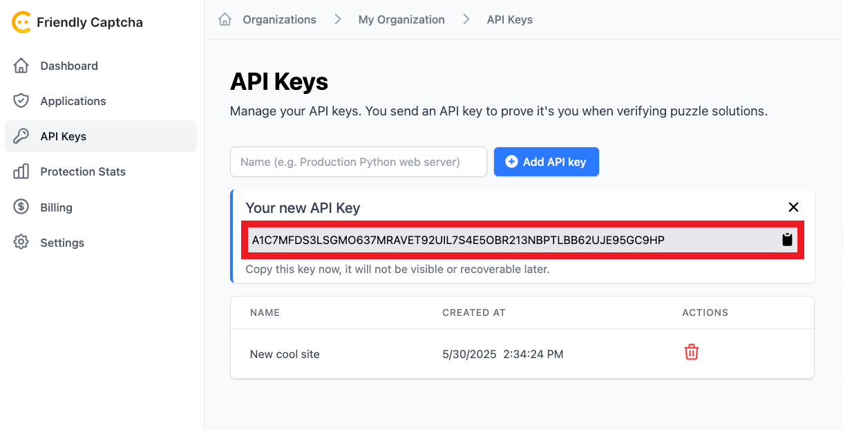 Copy the Friendly Captcha API key