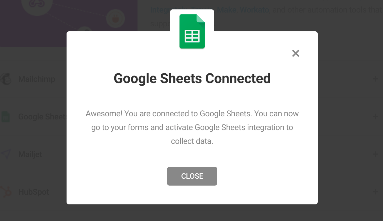 Google sheets integration in Forminator complete