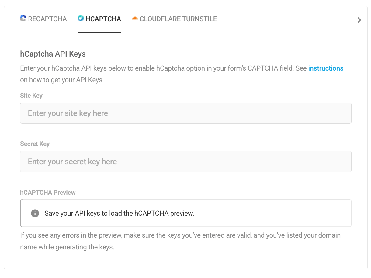 hCaptcha options in Forminator