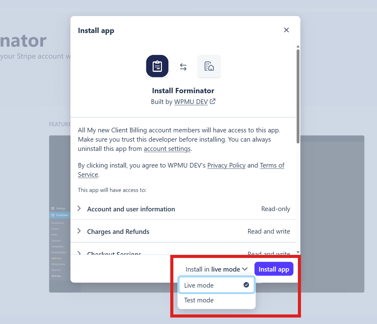 Install Forminator app at Stripe