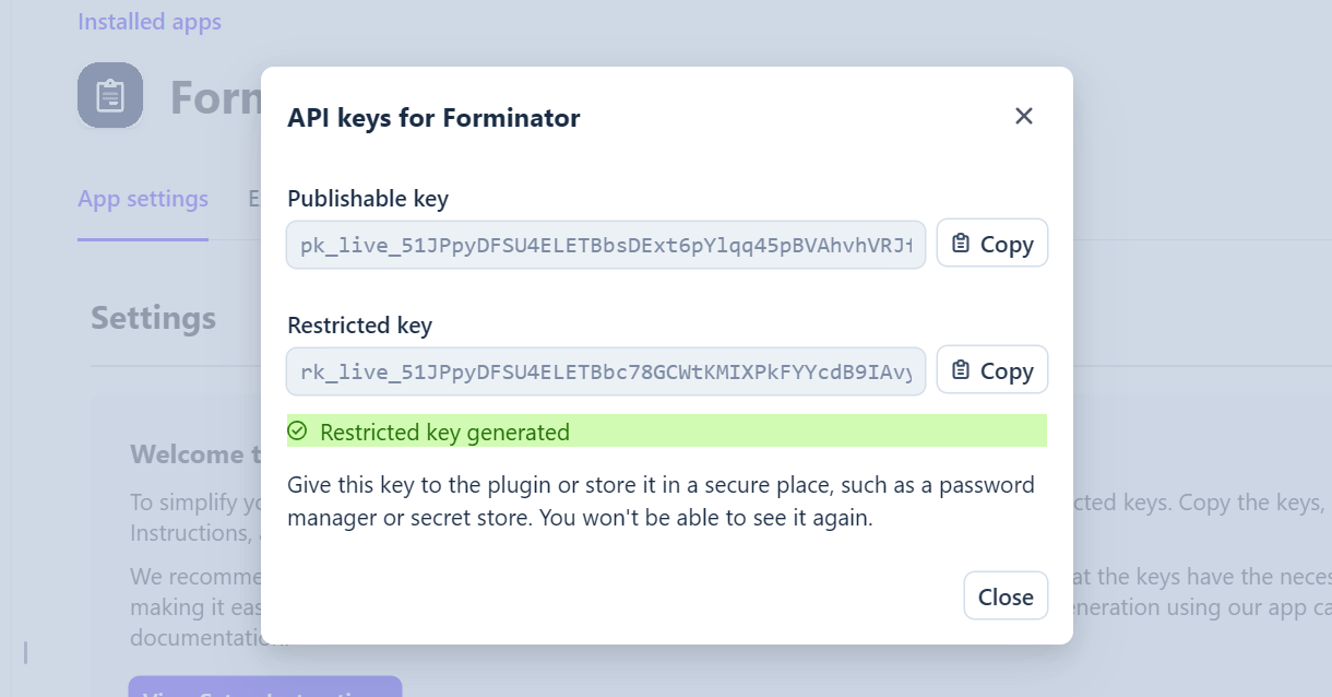 View API keys for Forminator app at Stripe