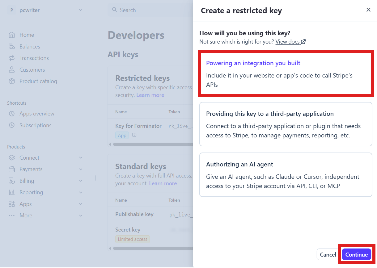 Manually create restricted API keys for Forminator app at Stripe